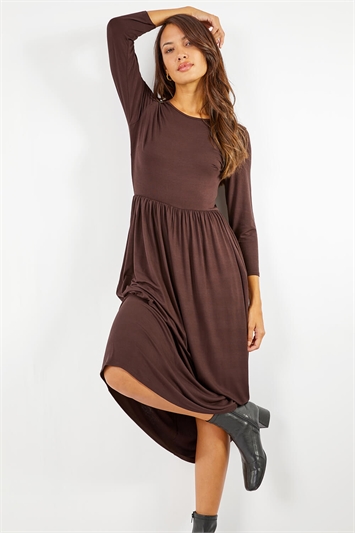 Brown Stretch Jersey Pocket Midi Dress