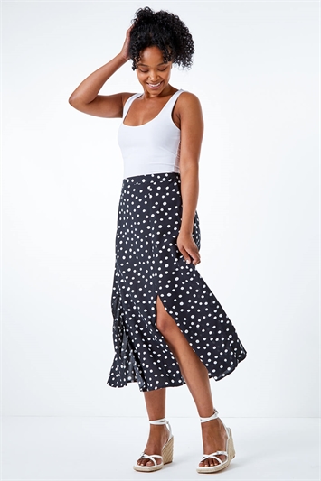 Black Petite Spot Print Midi Skirt, Image 2 of 5