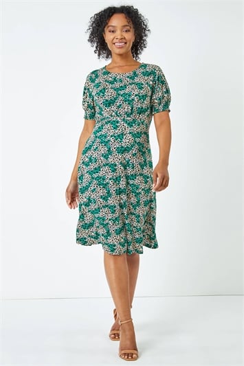 Green Petite Shirred Sleeve Floral Dress
