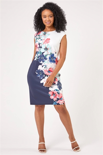 Navy Petite Floral Print Premium Stretch Dress, Image 3 of 4