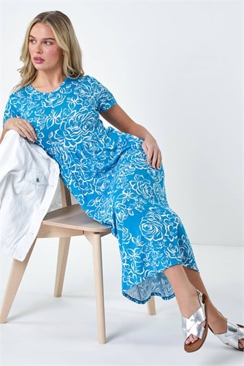 Blue Petite Floral Print Stretch Pocket Midi Dress