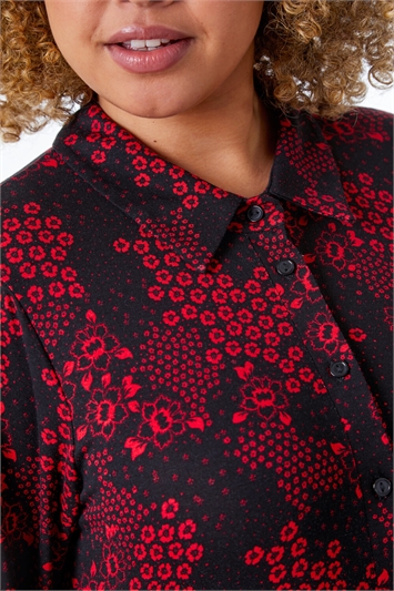 Red Curve Floral Print Shirt Dress, Image 5 of 5