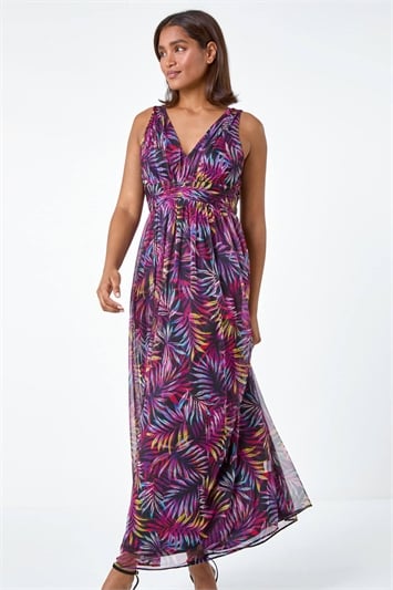 Purple Palm Print Mesh Overlay Maxi Dress