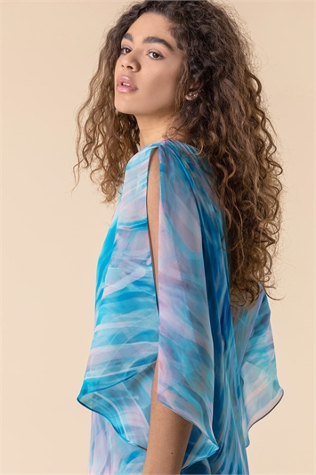 Turquoise Abstract Print Chiffon Top, Image 4 of 4