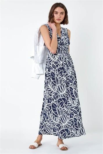 Blue Floral Print Twist Front Maxi Dress