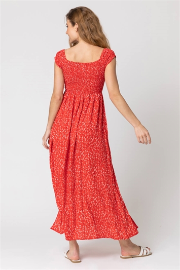 Red Shirred Ditsy Floral Print Bardot Dress, Image 2 of 4