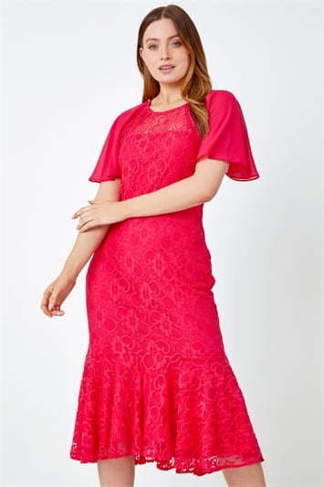 Pink Angel Sleeve Stretch Lace Midi Dress