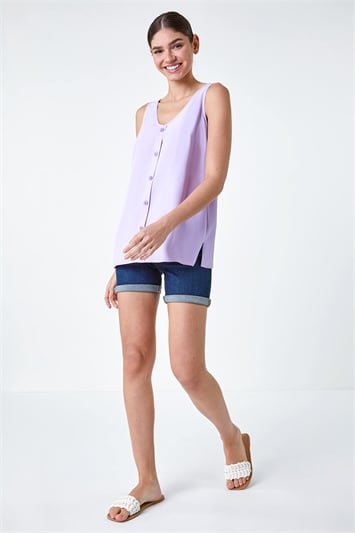 Purple V-Neck Button Front Sleeveless Top