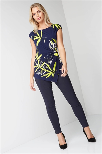 Navy Tropical Print Ruched Stretch Top, Image 4 of 5