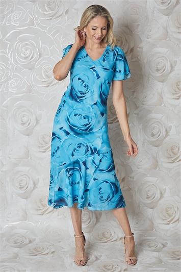 Blue Rose Print Bias Cut Chiffon Midi Dress