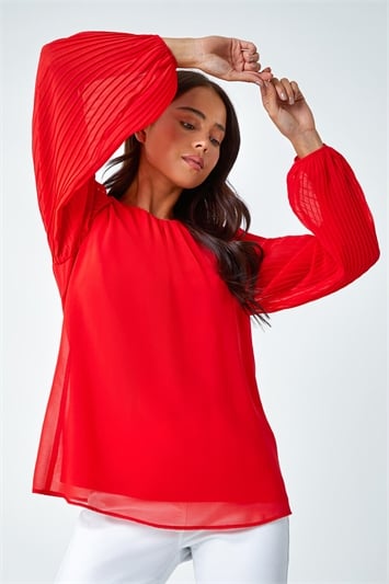 Red Petite Pleated Sleeve Gathered Top