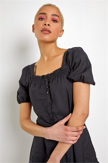 Black Puff Sleeve Tiered Square Neck Dress, Image 4 of 5
