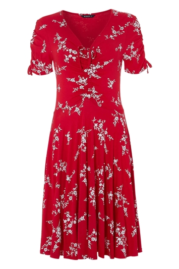 Red Floral V-Neck Short Sleeve Dress, Image 4 of 4
