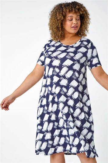 Blue Curve Geometric Print Pocket Stretch Dress