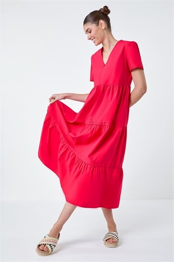 Pink Plain Cotton Tiered Maxi Dress