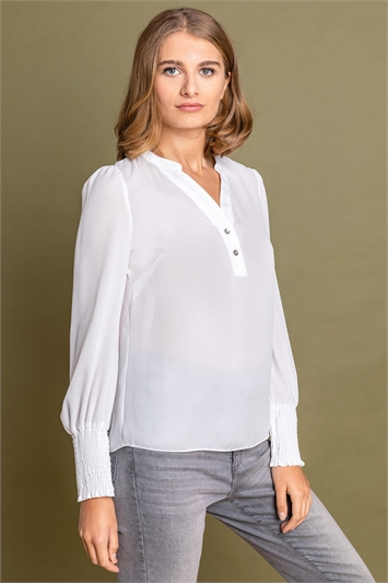 Ivory Plain Buttoned Shirred Cuff Top