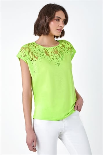 Green Embellished Palm Print Cut Out T-Shirt