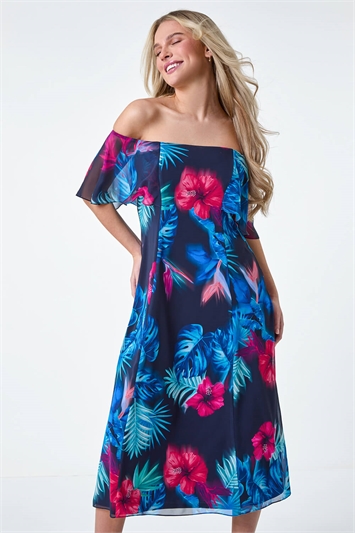 Blue Petite Tropical Floral Bardot Chiffon Dress