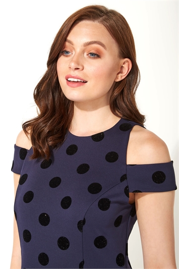 Spot Flocked Fit and Flare Dress in Navy - Roman Originals UK