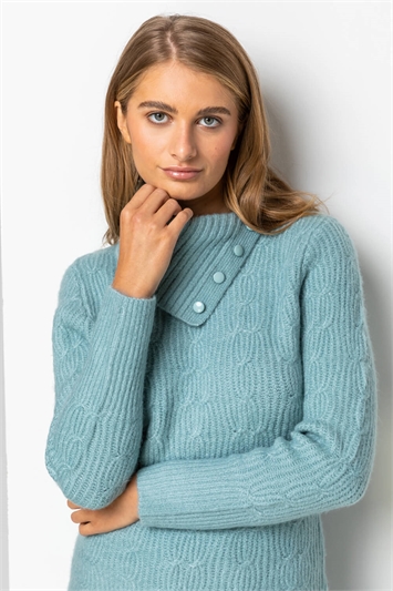 Steel Blue Cable Knit High Neck Jumper, Image 4 of 5