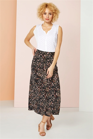 Floral Print Button Through Midi Skirt in Black - Roman Originals UK