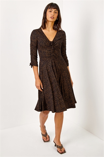 Black Ditsy Spot Print Ruched Detail Dress, Image 3 of 5
