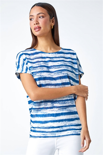 Blue Stripe Print Blouson Stretch Top