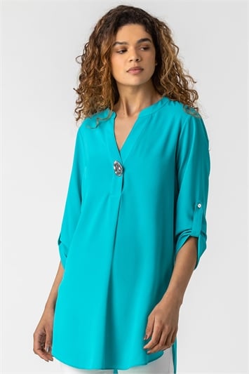 Turquoise Longline Button Detail Tunic Top, Image 1 of 4