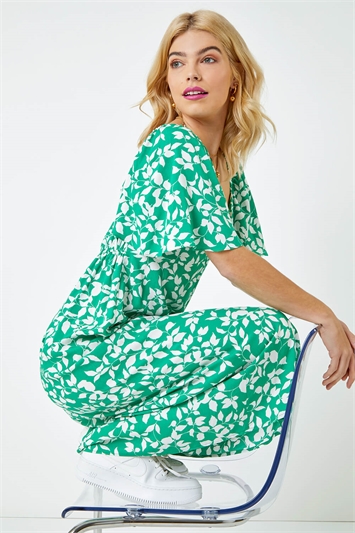 Green Floral Print Ruched Midi Dress