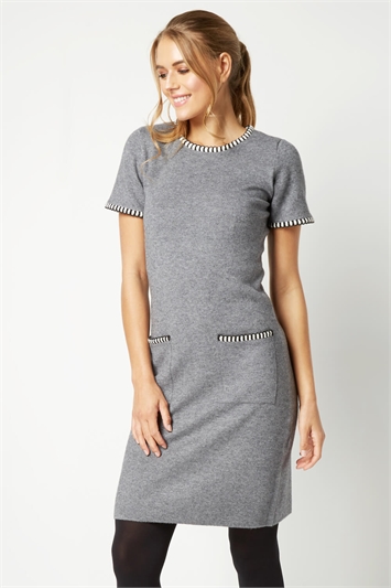 Grey Contrast Trim Knit Dress