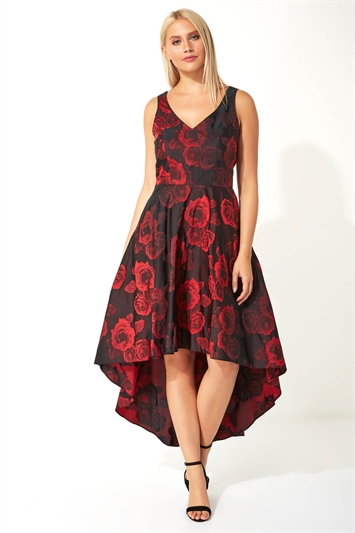 Red Rose Print Dipped Hem Dress
