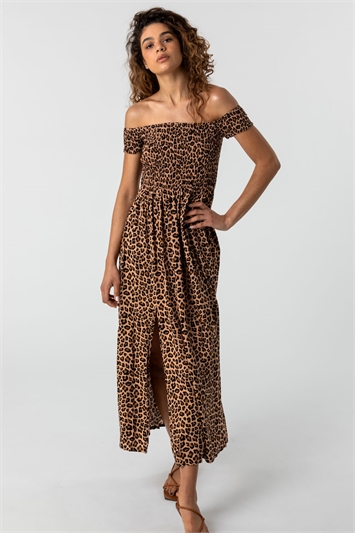Brown Shirred Animal Print Bardot Dress, Image 3 of 5