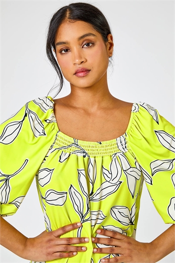 Green Linear Floral Print Square Neck Top