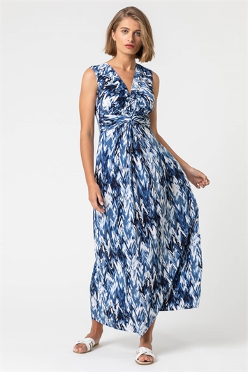 Blue Abstract Print Twist Front Maxi Dress, Image 3 of 4