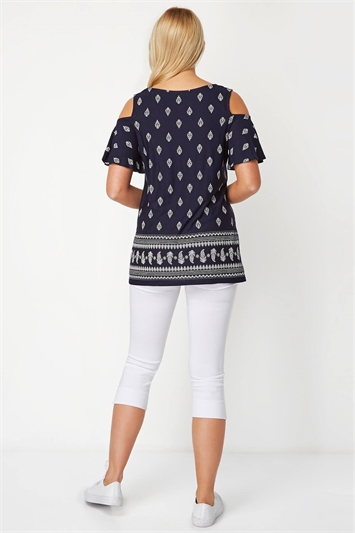 Navy Paisley Print Cold Shoulder Top, Image 3 of 4