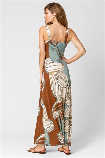 Blue Abstract Leaf Print V Neck Maxi Dress, Image 2 of 4