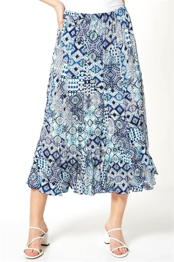 Blue Crinkle Geometric Print Midi Skirt