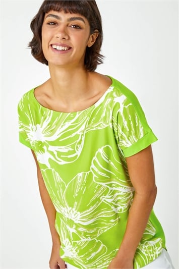 Green Linear Floral Print Stretch T-Shirt