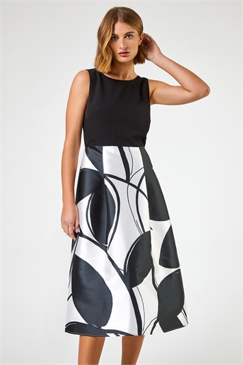Black Contrast Leaf Print Fit & Flare Dress, Image 2 of 4