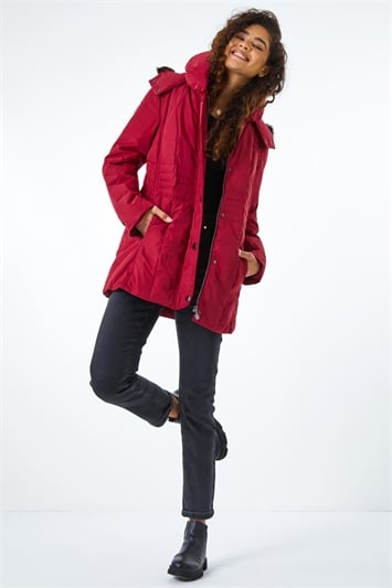 Red Faux Fur Trim Hooded Coat