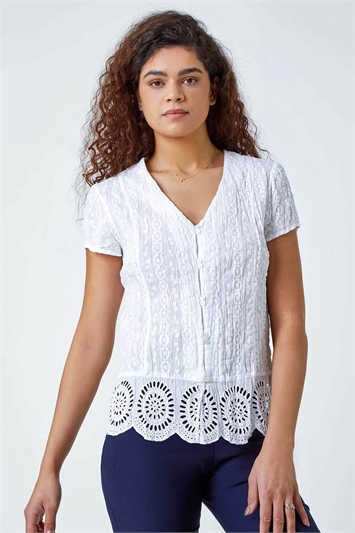 White Cotton Embroidered Crinkle Blouse