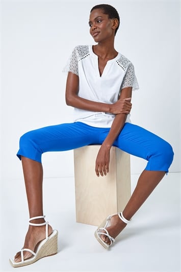 Blue Cropped Stretch Trousers