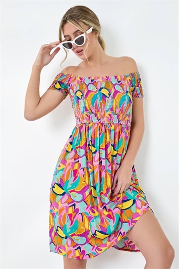 Multi Abstract Shirred Bardot Pocket Dress