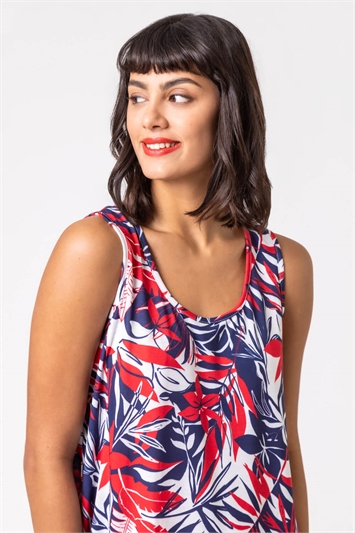 Navy Tropical Leaf Print Slouch Pocket Dress, Image 4 of 5