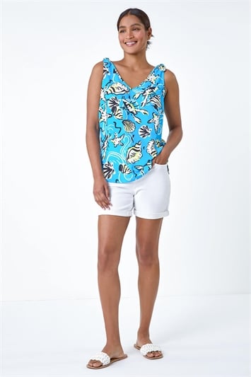 Blue V-Neck Shell Print Cami Vest Top
