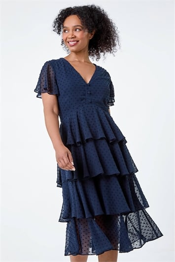 Blue Petite Textured Spot Tiered Midi Dress