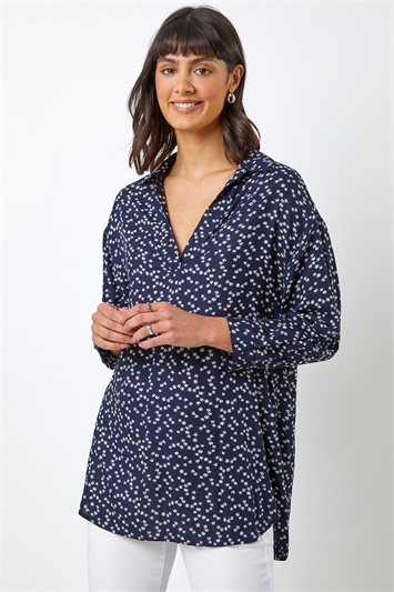 Navy Ditsy Floral Print Overhead Shirt