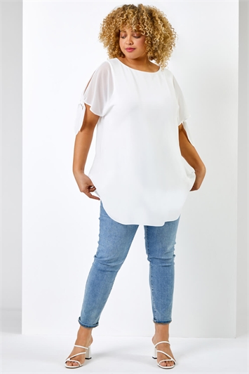 Ivory Curve Chiffon Overlay Top With Necklace, Image 3 of 5