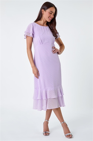 Purple Petite Textured Spot Frill Midi Dress