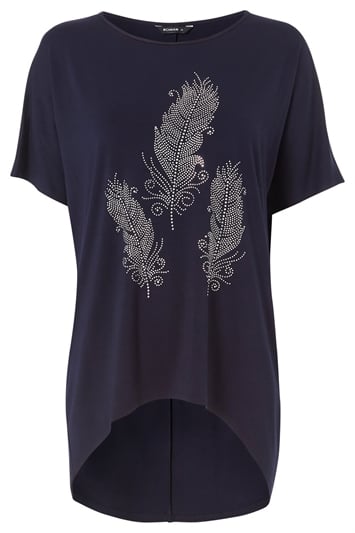 Navy Feather Diamante Embellished T-Shirt